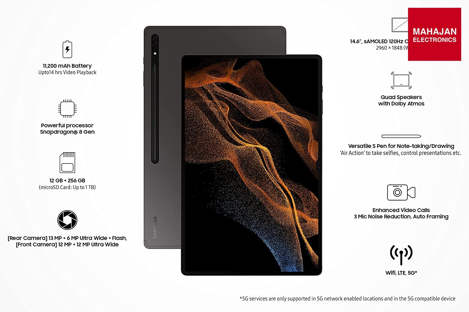 Samsung Galaxy Tab S8 Ultra 37.08 cm (14.6 inch) sAMOLED Display, RAM 12 GB, ROM 256 GB Expandable, S Pen – Mahajan Electronics Online.