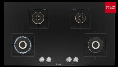 Bosch Built in Gas Hob Black Tempered glass Glass 4 Burner Auto Ignition 90 cm True Brass 2D Ring Burners with Matt Black Heat Shields & Cast Iron pan supports (PNF9B6F20I) Mahajan Electronics