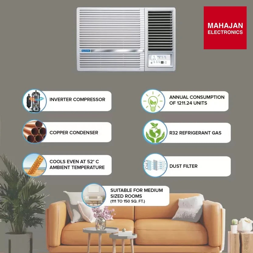 Blue Star WIB518LN 2023 Model 1.5 Ton 5 Star Window Inverter AC - White ( Copper Condenser) - Mahajan Electronics Online
