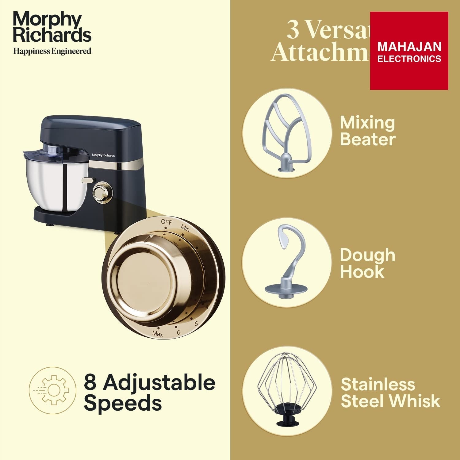 Morphy Richards Melange 800W Stand Mixer |Mixing, Beating, Kneading, Whisking| 8-Speed Level|Attachments-Dough Hook, Whisk, Mixing beater|Navy Blue - Mahajan Electronics Online