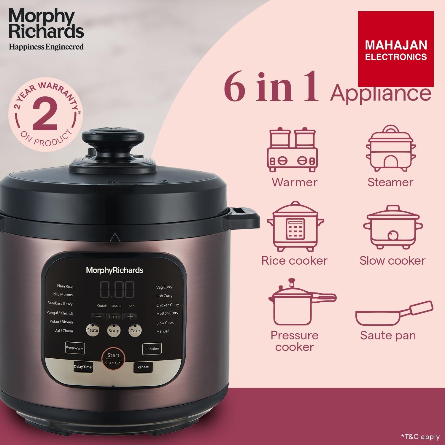 Morphy Richards WizPot 6 Litres 1000W Electric Pressure Cooker| Customised Preset for Indian Cooking| Automatic Shut-Off| Metallic Brown - Mahajan Electronics Online