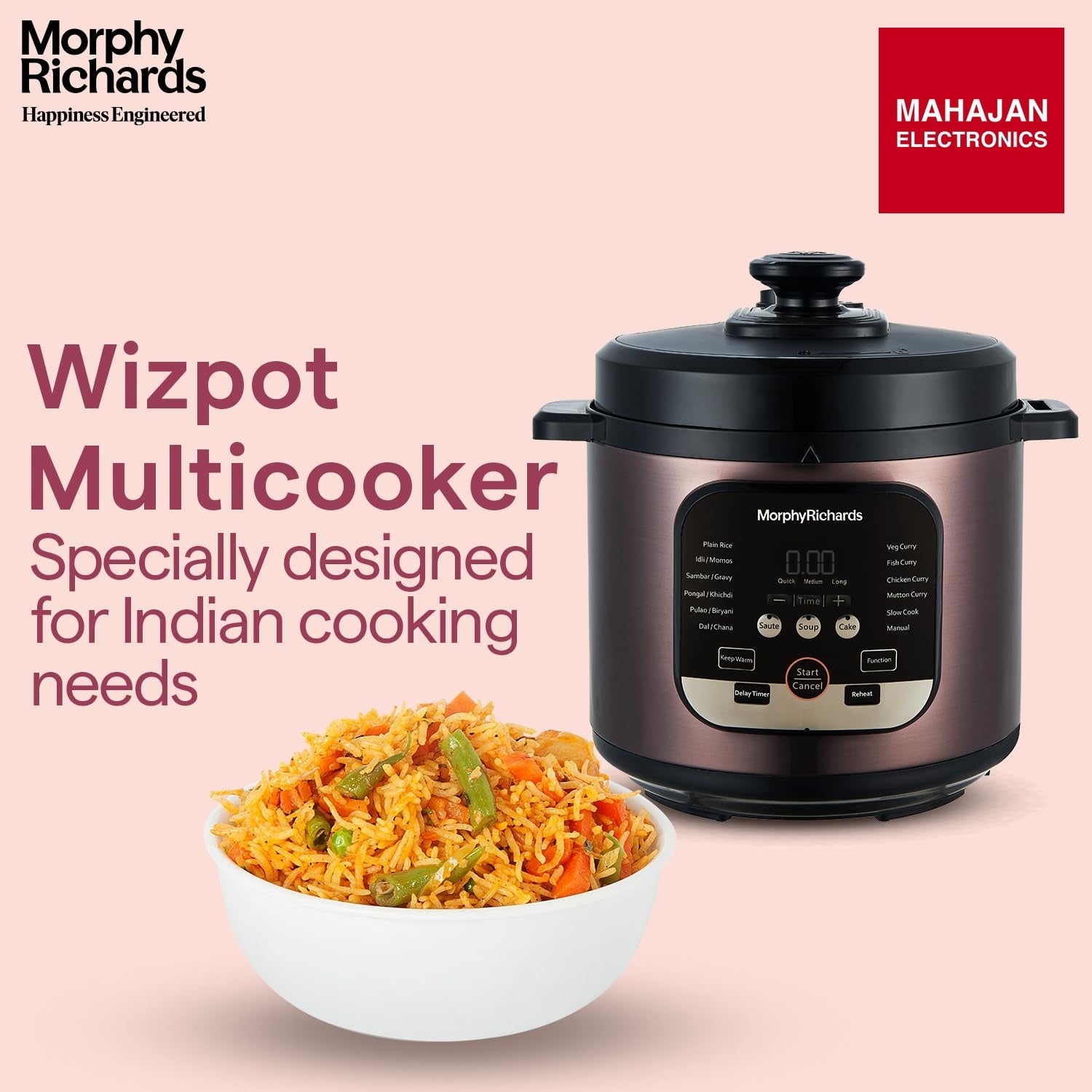 Morphy Richards WizPot 6 Litres 1000W Electric Pressure Cooker| Customised Preset for Indian Cooking| Automatic Shut-Off| Metallic Brown - Mahajan Electronics Online