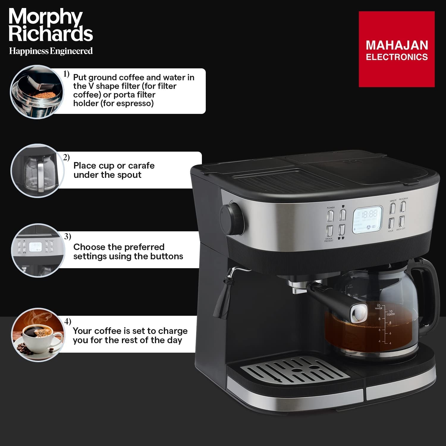 Morphy Richards DuoPresso 2-in-1 Coffee Maker|Drip & Espresso| 15 bar Pressure| Digital Display|Removable Drip Tray| Upto 10 cups* of Coffee| Keep Warm Tray| 2-Yr Warranty by Brand|Black - Mahajan Electronics Online