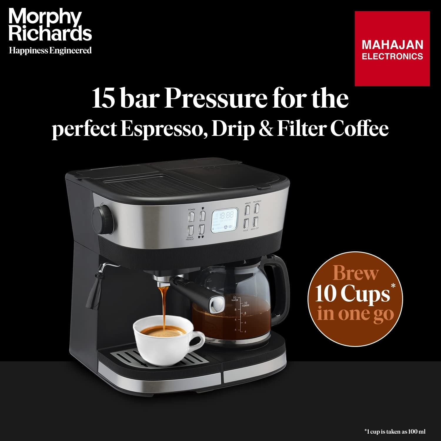Morphy Richards DuoPresso 2-in-1 Coffee Maker|Drip & Espresso| 15 bar Pressure| Digital Display|Removable Drip Tray| Upto 10 cups* of Coffee| Keep Warm Tray| 2-Yr Warranty by Brand|Black - Mahajan Electronics Online