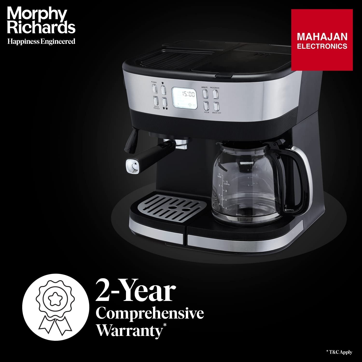 Morphy Richards DuoPresso 2-in-1 Coffee Maker|Drip & Espresso| 15 bar Pressure| Digital Display|Removable Drip Tray| Upto 10 cups* of Coffee| Keep Warm Tray| 2-Yr Warranty by Brand|Black - Mahajan Electronics Online