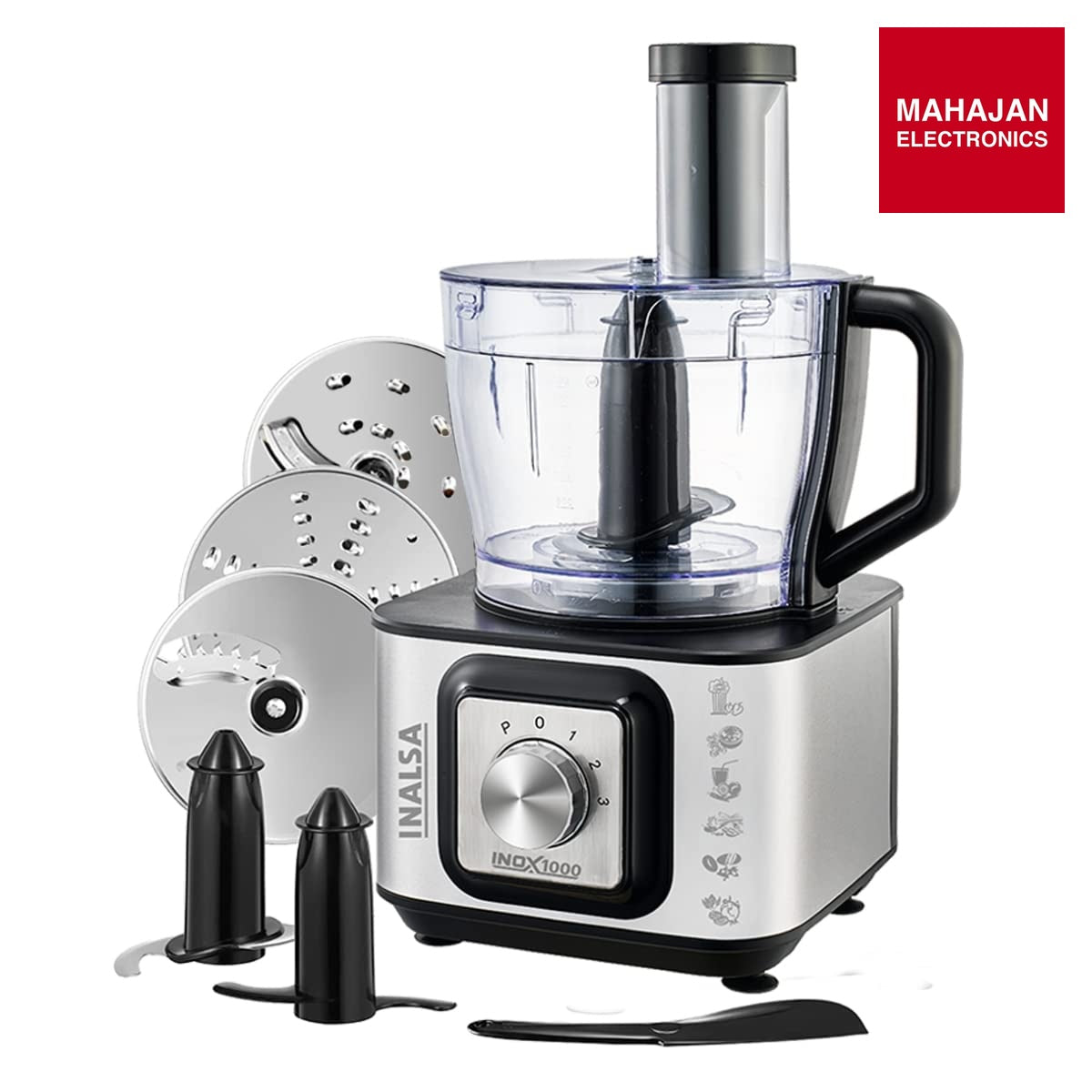 Inalsa INOX 1000 1000W Food Processor with Blender Jar,304 Grade SS Dry Grinding,Chutney Jar,12 Accessories,Centrifugal & Citrus Juicer,(Black/Silver) - Mahajan Electronics Online