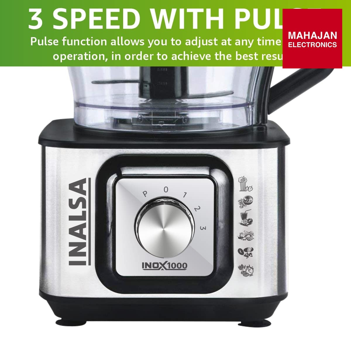 Inalsa INOX 1000 1000W Food Processor with Blender Jar,304 Grade SS Dry Grinding,Chutney Jar,12 Accessories,Centrifugal & Citrus Juicer,(Black/Silver) - Mahajan Electronics Online