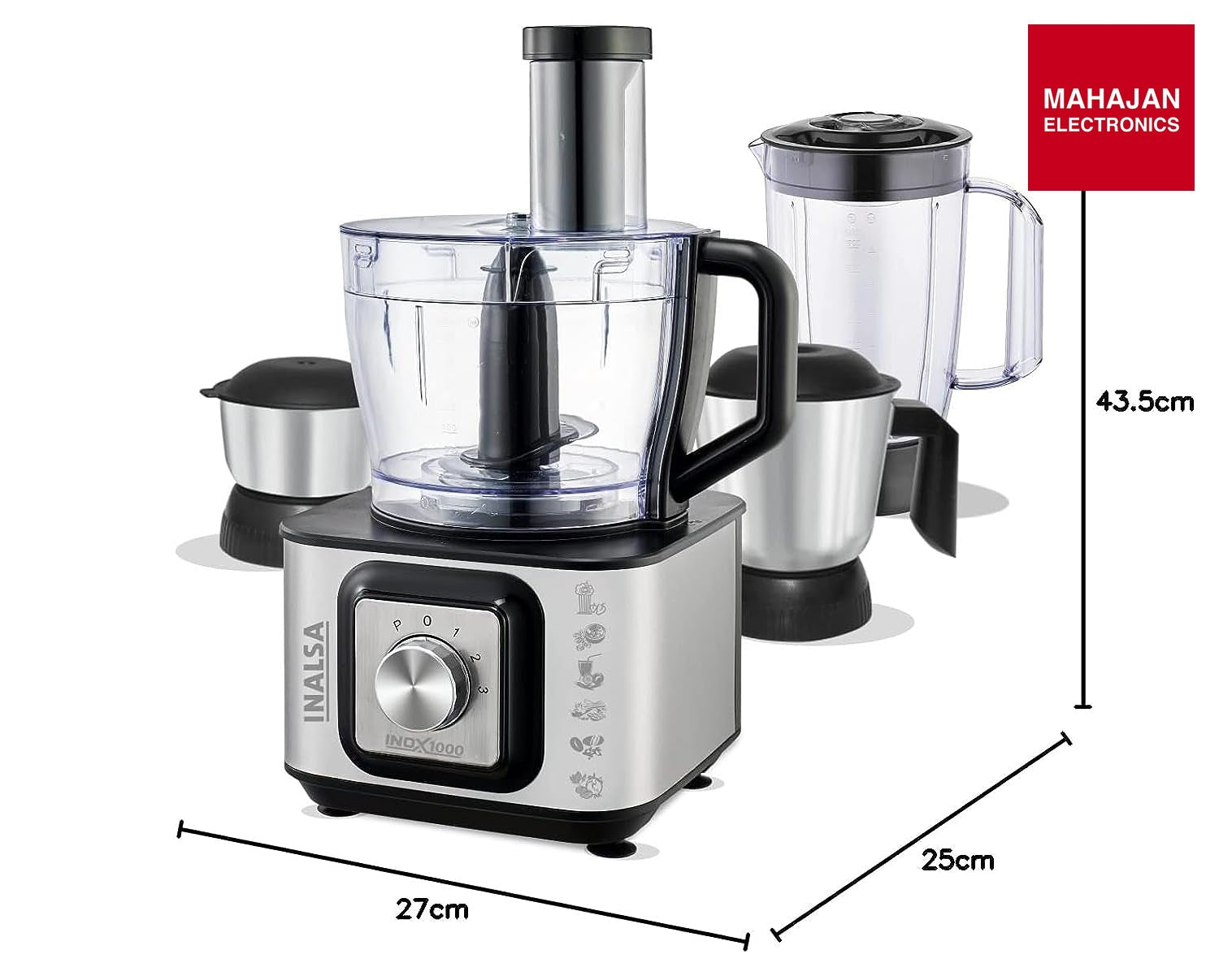 Inalsa INOX 1000 1000W Food Processor with Blender Jar,304 Grade SS Dry Grinding,Chutney Jar,12 Accessories,Centrifugal & Citrus Juicer,(Black/Silver) - Mahajan Electronics Online