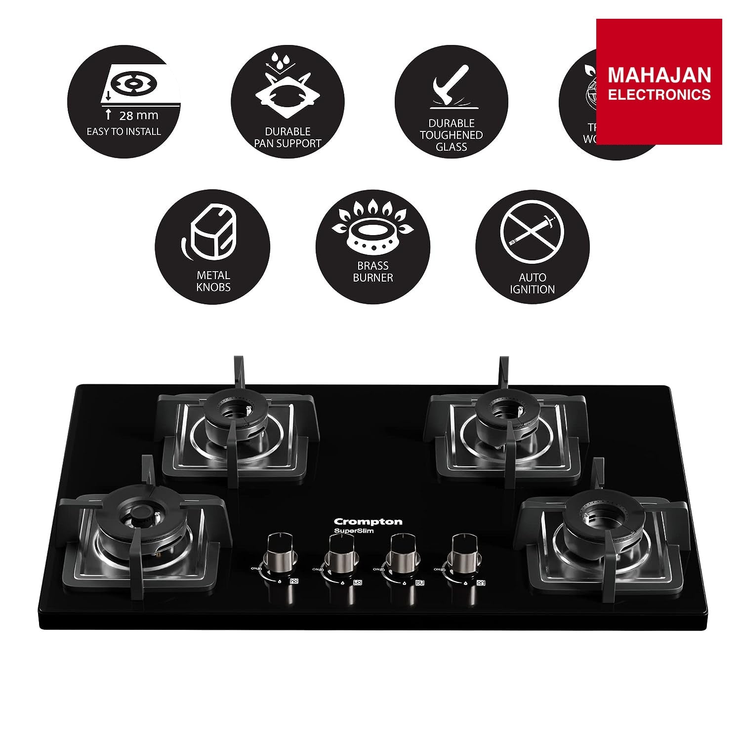 Crompton TAB-SUHB784-MBL SuperSlim Hobs HalfBrass 78cm 4 Burners Midnight Black - Mahajan Electronics Online