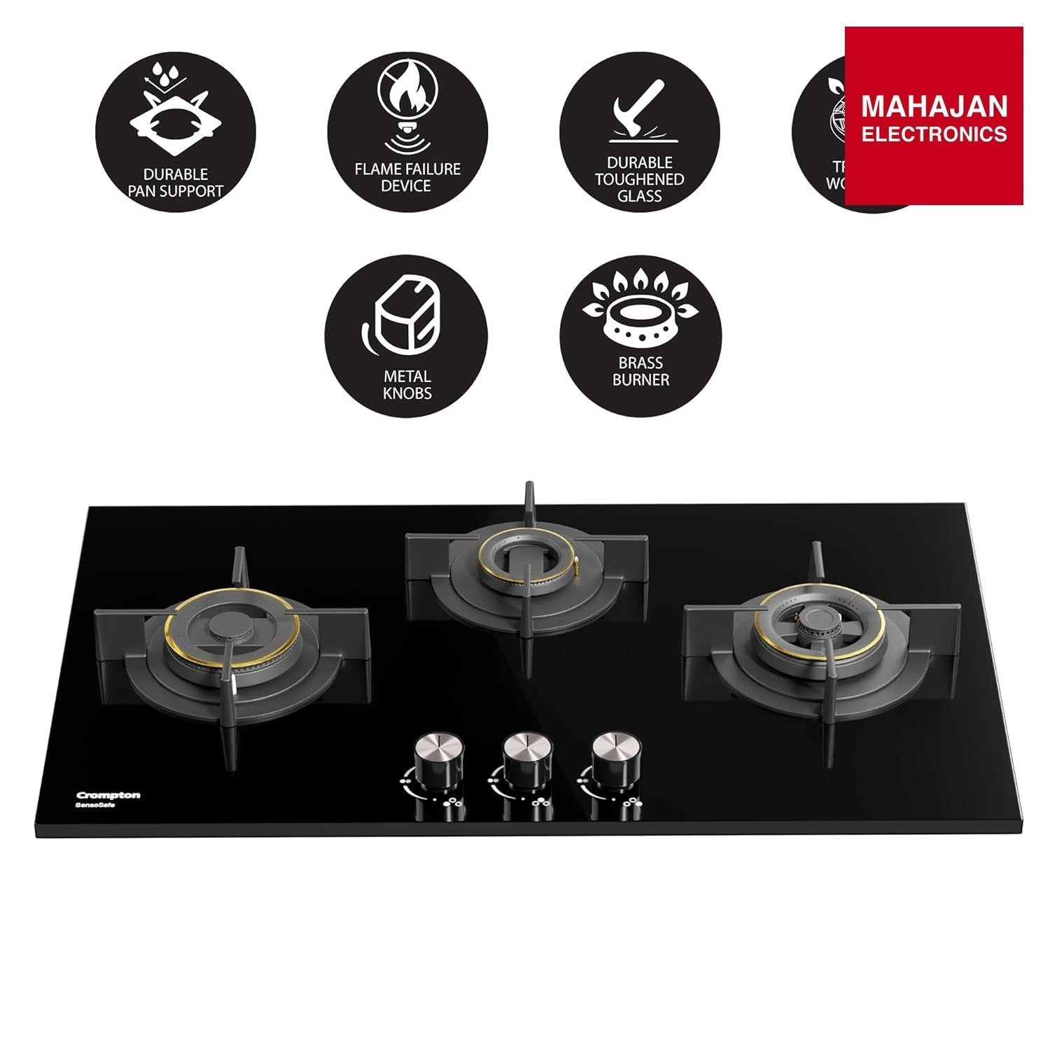 Crompton HOB-SSHB783-MBL Built-In Gas Hob SensoSafe HalfBrass 78cm 3 Burners Midnight Black – Mahajan Electronics Online.