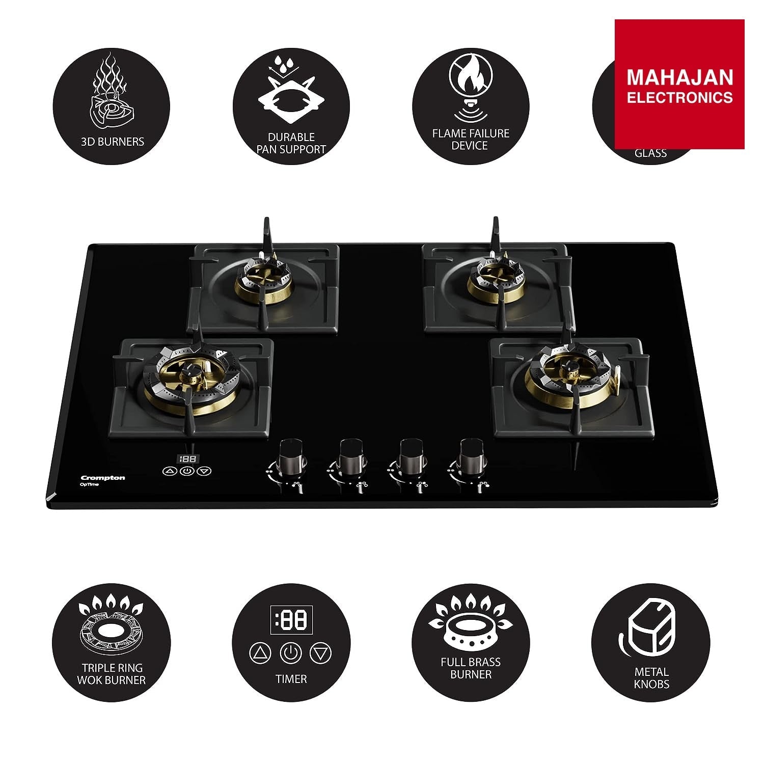 Crompton HOB-OPFB784TI-MBL 78 cm 4 Burner Hob Optime Series - Mahajan Electronics Online