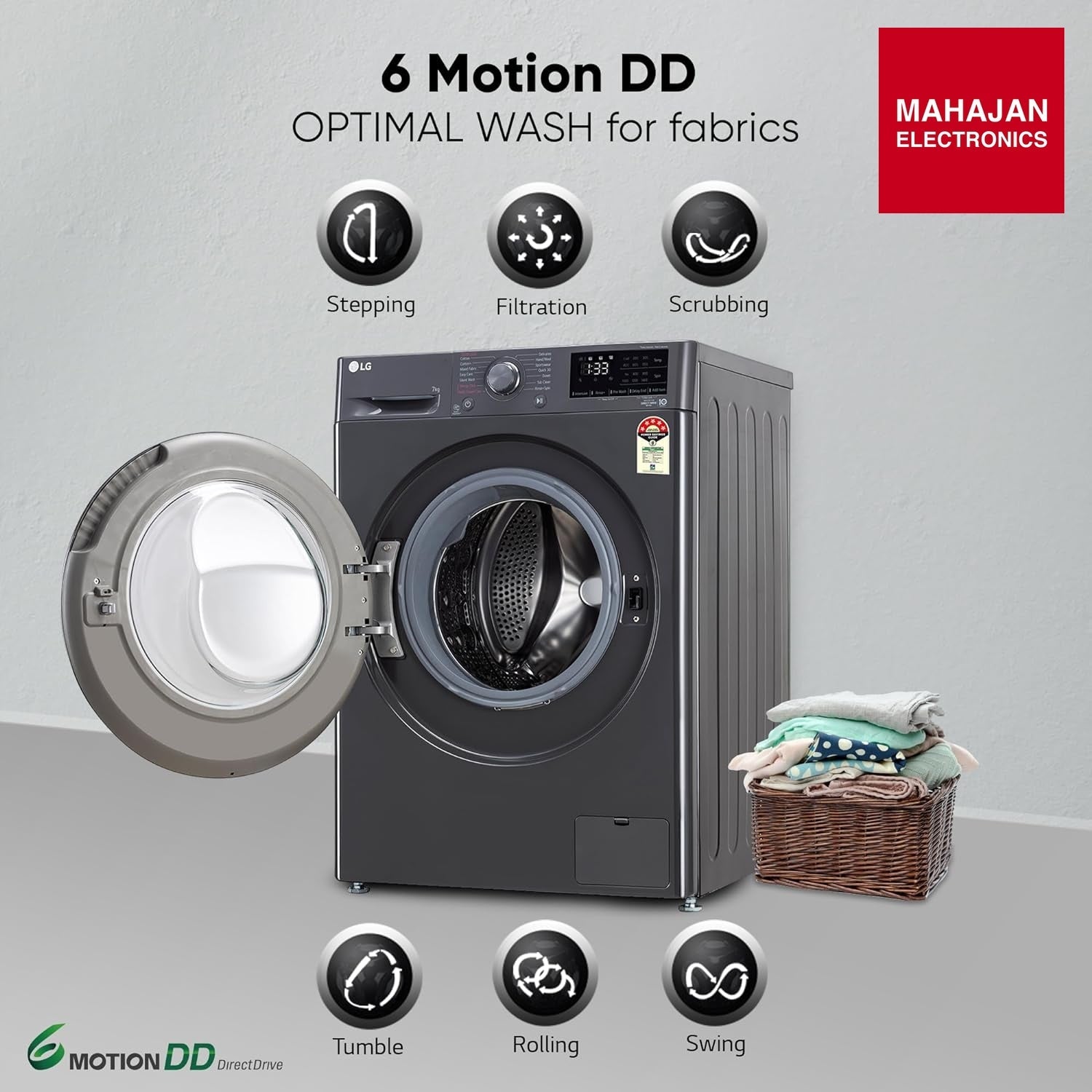 LG FHV1207Z2M 7 Kg 5 Star AI Direct Drive Fully-Automatic Front Loading Washing Machine (Middle Black, Steam for Hygiene Wash) - Mahajan Electronics Online