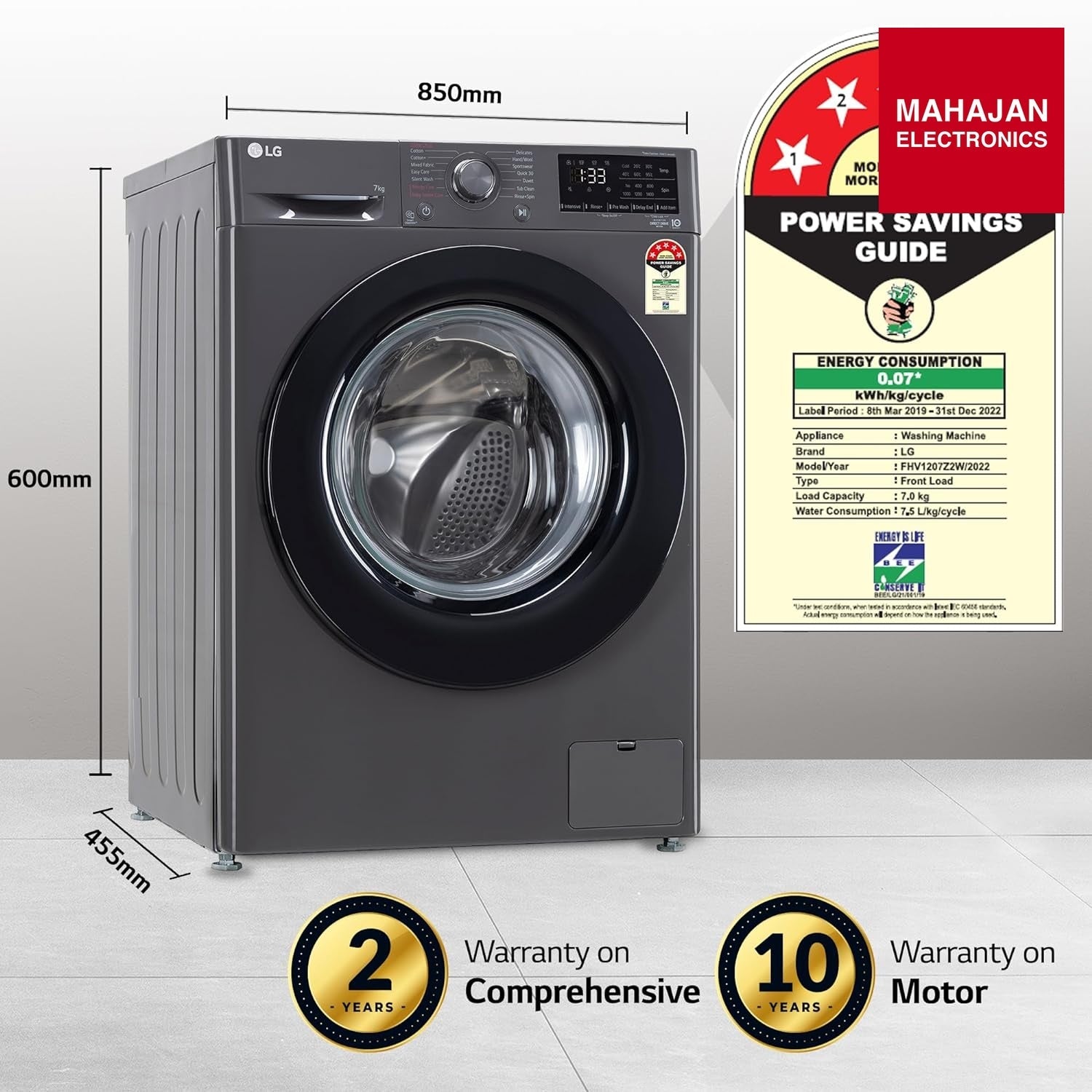LG FHV1207Z2M 7 Kg 5 Star AI Direct Drive Fully-Automatic Front Loading Washing Machine (Middle Black, Steam for Hygiene Wash) - Mahajan Electronics Online
