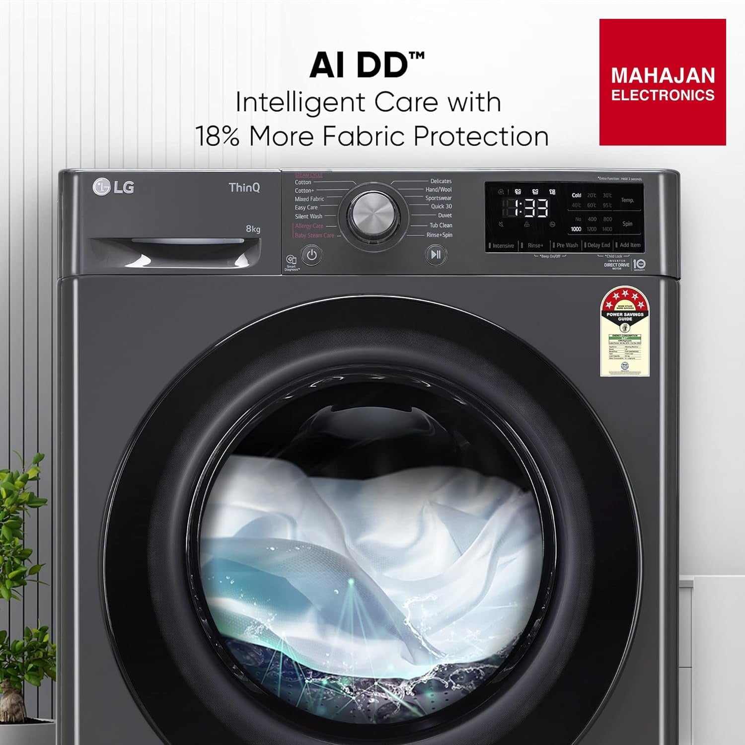 LG FHP1208Z5M 8 Kg 5 Star Inverter Wi-Fi Fully-Automatic Front Loading Washing Machine with Inbuilt heater (Middle Black, AI DD Technology & Steam for Hygiene) - Mahajan Electronics Online