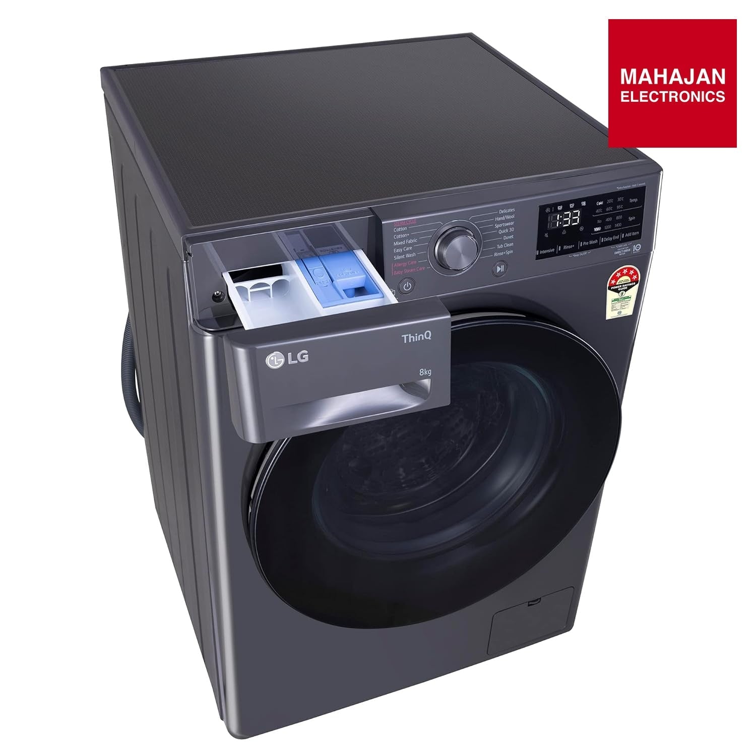 LG FHP1208Z5M 8 Kg 5 Star Inverter Wi-Fi Fully-Automatic Front Loading Washing Machine with Inbuilt heater (Middle Black, AI DD Technology & Steam for Hygiene) - Mahajan Electronics Online