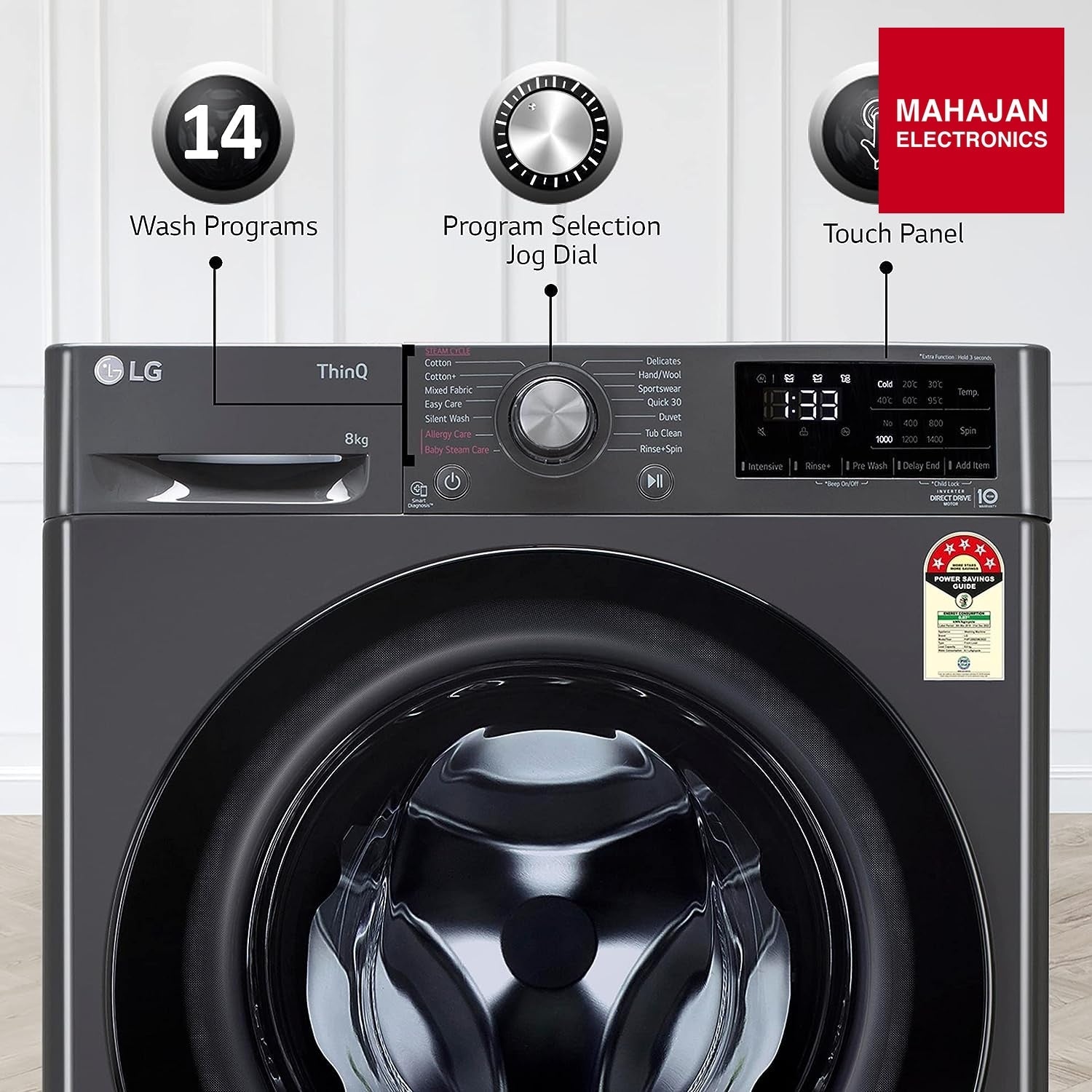 LG FHP1208Z5M 8 Kg 5 Star Inverter Wi-Fi Fully-Automatic Front Loading Washing Machine with Inbuilt heater (Middle Black, AI DD Technology & Steam for Hygiene) - Mahajan Electronics Online