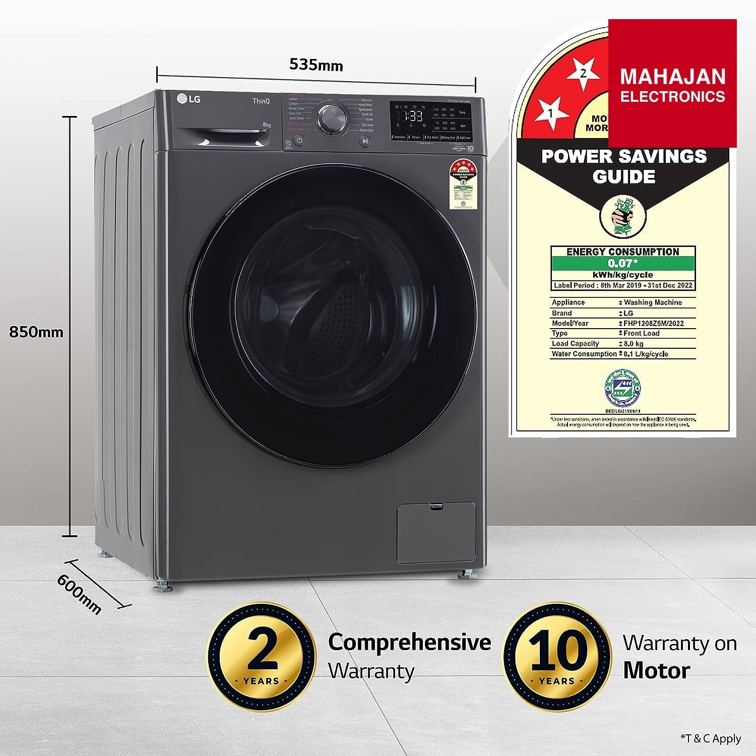 LG FHP1208Z5M 8 Kg 5 Star Inverter Wi-Fi Fully-Automatic Front Loading Washing Machine with Inbuilt heater (Middle Black, AI DD Technology & Steam for Hygiene) - Mahajan Electronics Online