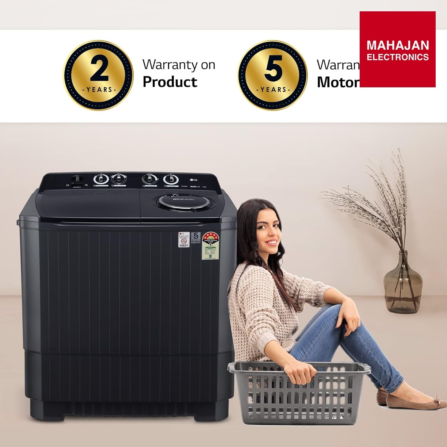 LG 11.5 Kg 5 Star Wind Jet Dry Rat Away Technology Semi-Automatic Top Loading Washing Machine (P115ASKAZ, Roller Jet Pulsator, Punch + 3, Middle Black) - Mahajan Electronics Online