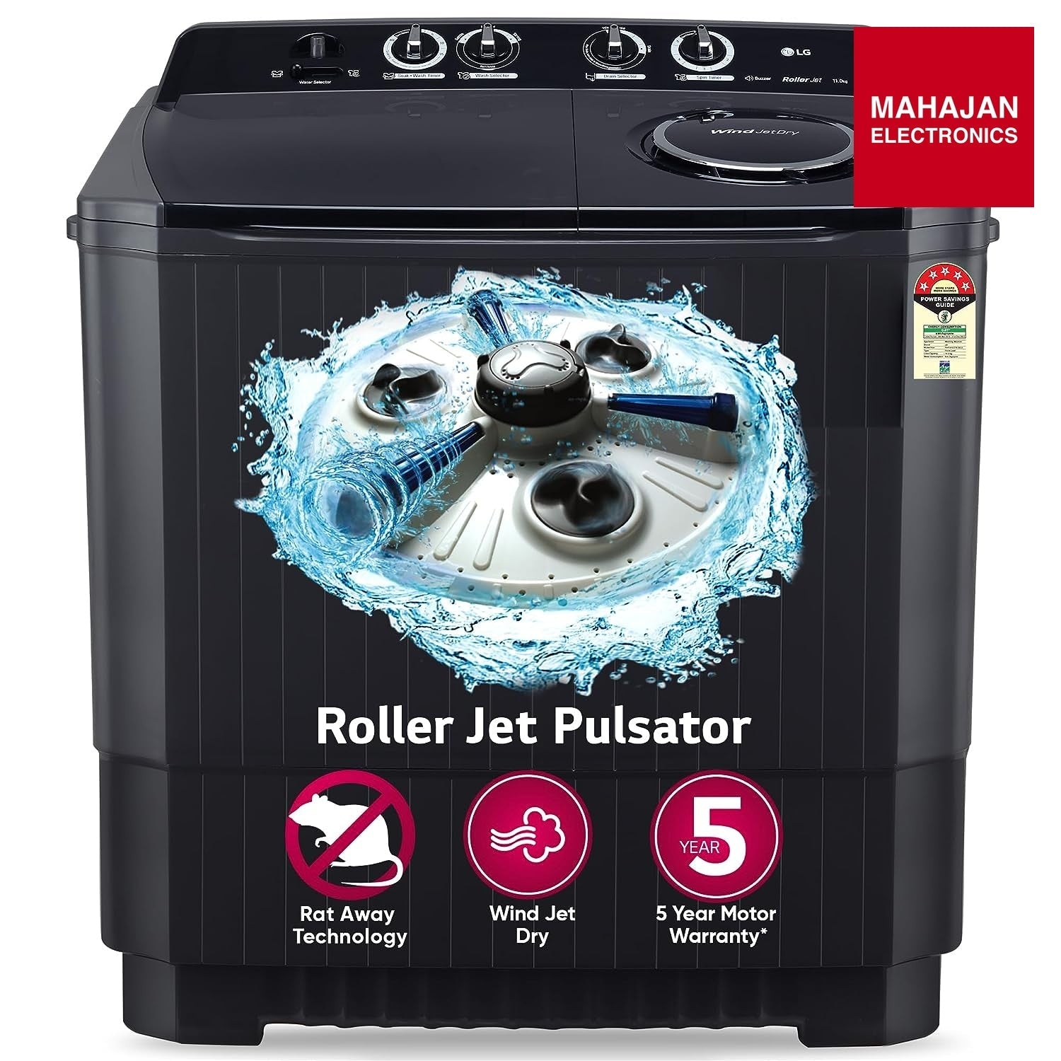LG 11.5 Kg 5 Star Wind Jet Dry Rat Away Technology Semi-Automatic Top Loading Washing Machine (P115ASKAZ, Roller Jet Pulsator, Punch + 3, Middle Black) - Mahajan Electronics Online