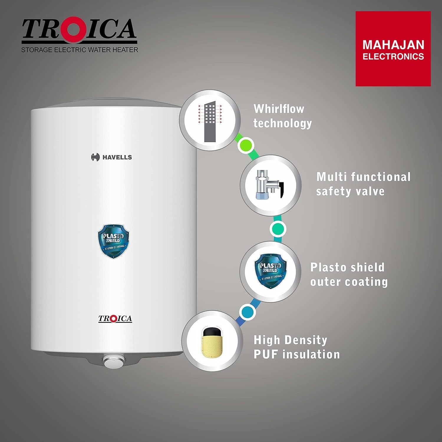 Havells Troica 25-Litre Vertical Storage Water Heater (Geyser) White Grey, 4 star - Mahajan Electronics Online