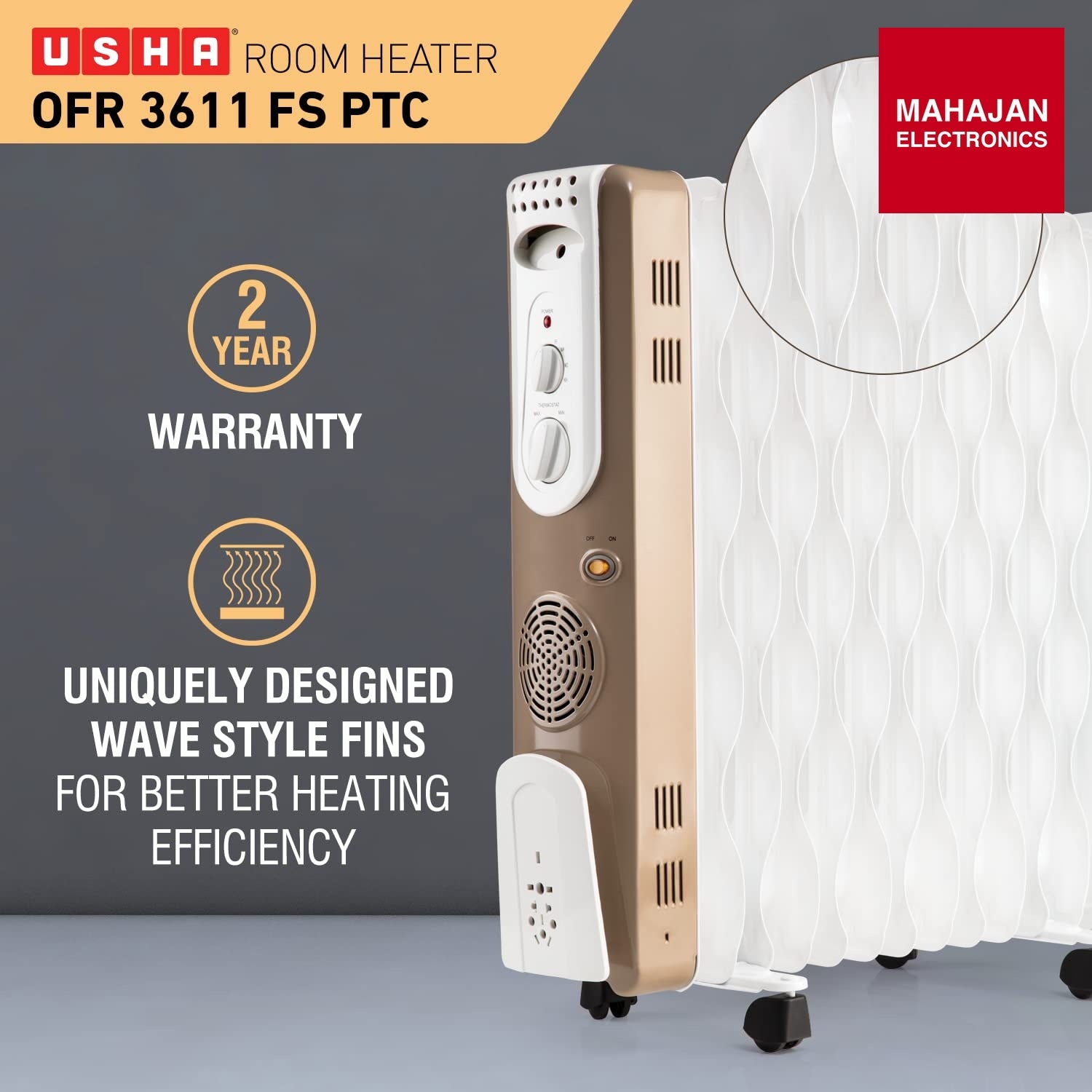 USHA OFR 3611FS PTC 2500-Watt Oil Filled Radiator (White) 11fin - Mahajan Electronics Online