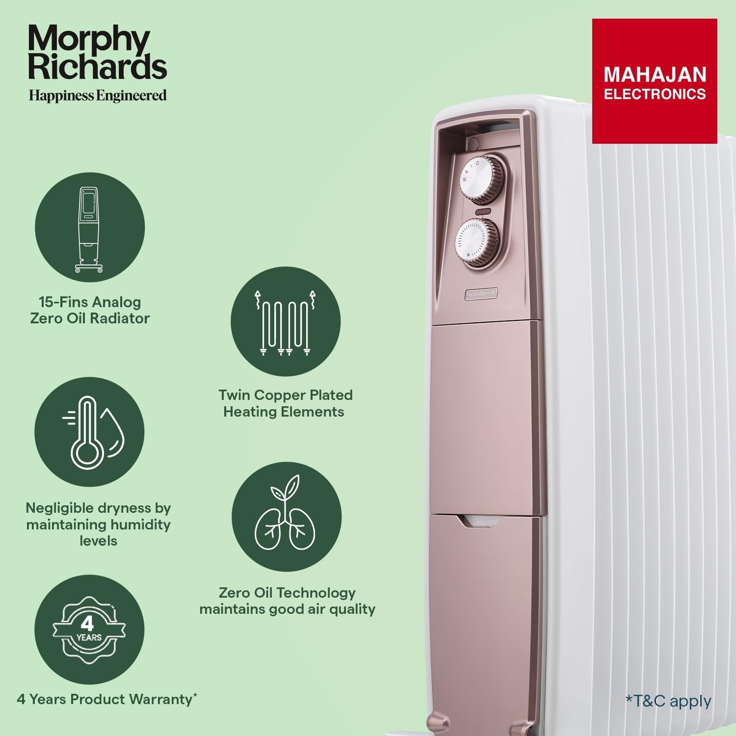 Morphy Richards Thermocore Xr Analog 15 Fins Oil Free Radiator Room Heater|2000 W| Digital Zero Oil Radiators With 2 Copper Heating Element|4-Yr Warranty - Mahajan Electronics Online