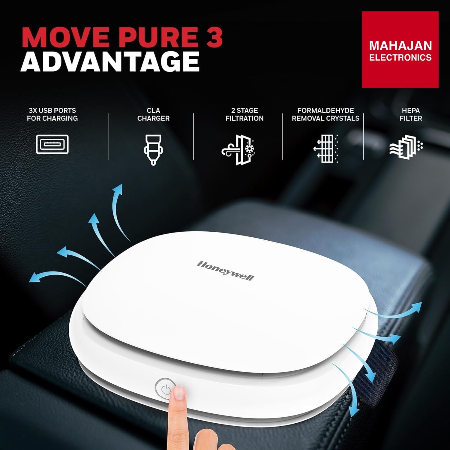 Honeywell Move Pure3 Car Air Purifier,Hepa filter& Ionizer – Mahajan Electronics Online.