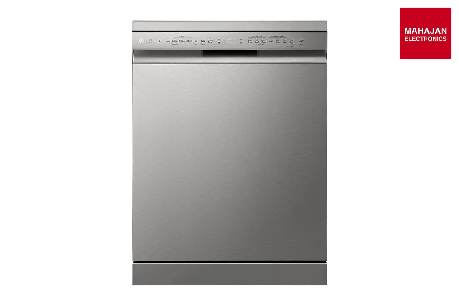 A freestanding, silver LG dishwasher with a control panel on the top front.