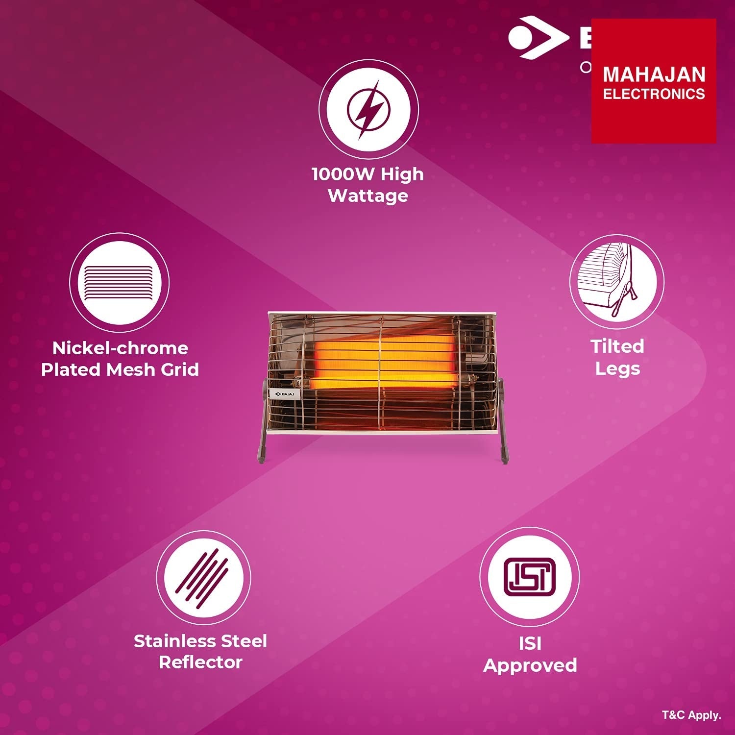 Bajaj Minor Radiant Room Heater 1000W PedestalHeater For Winter|Electric Heater ForRoom|Stainless Steel Heat Reflector|Nickel Chrome Bajaj