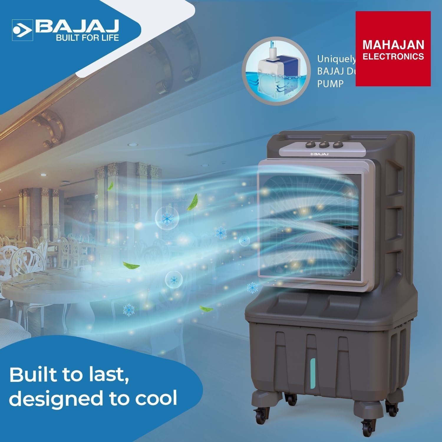Bajaj X Force 100L air cooler secondary image with Mahajan Electronics logo