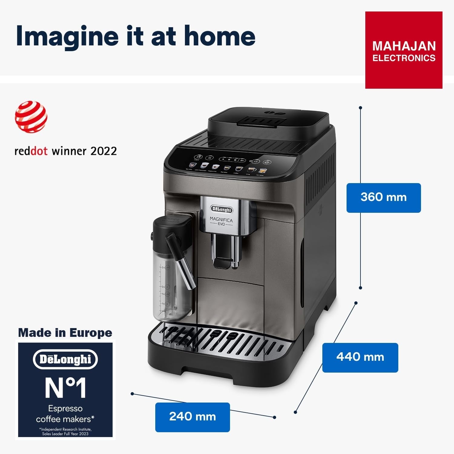 DeLonghi Magnifica Evo coffee machine secondary image with Mahajan Electronics logo