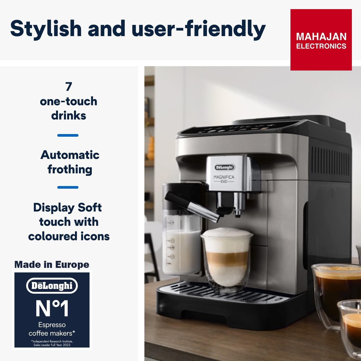 DeLonghi Magnifica Evo coffee machine secondary image with Mahajan Electronics logo