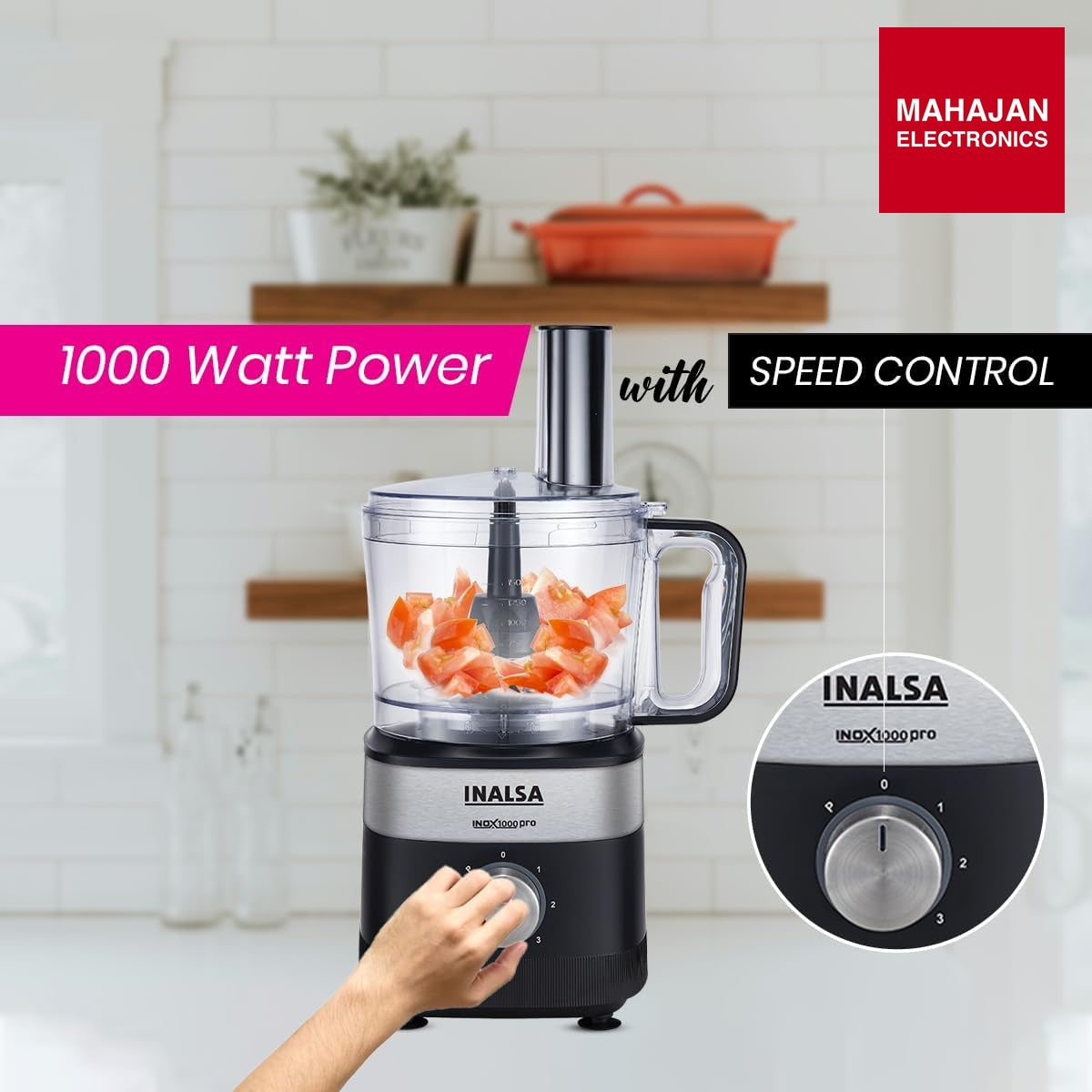 Inalsa Inox 1000 Pro food processor secondary image with Mahajan Electronics logo