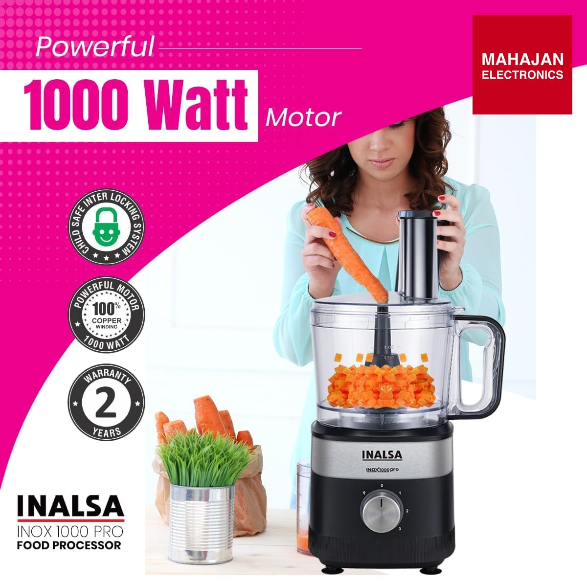 Inalsa Inox 1000 Pro food processor secondary image with Mahajan Electronics logo
