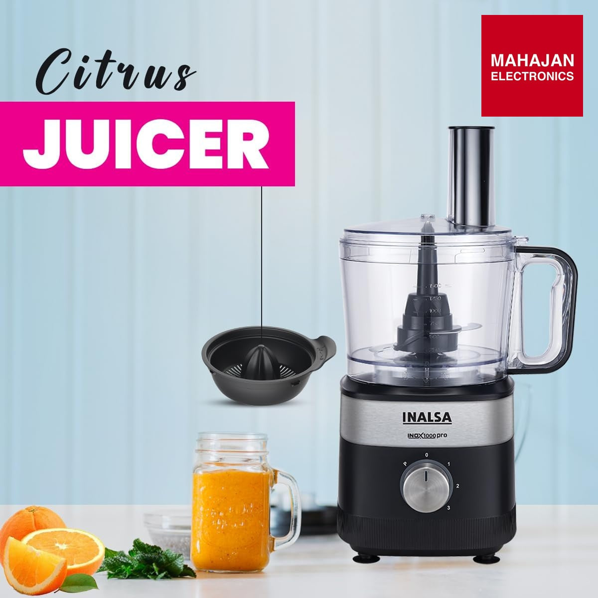 Inalsa Inox 1000 Pro food processor secondary image with Mahajan Electronics logo