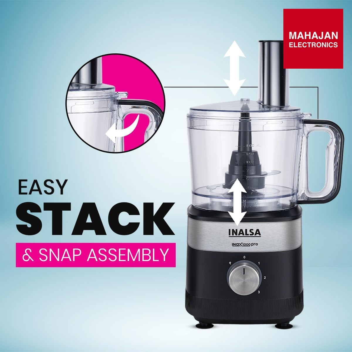 Inalsa Inox 1000 Pro food processor secondary image with Mahajan Electronics logo