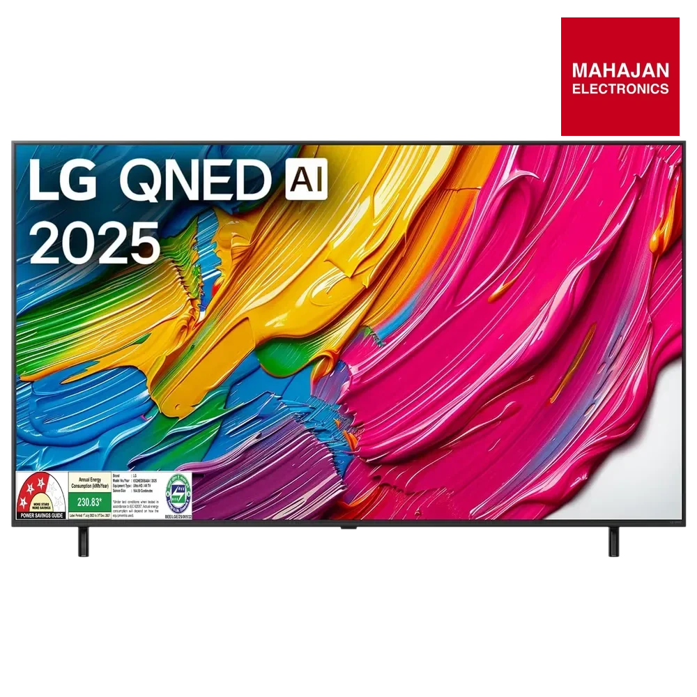 LG 55QNED8BA television secondary image with Mahajan Electronics logo
