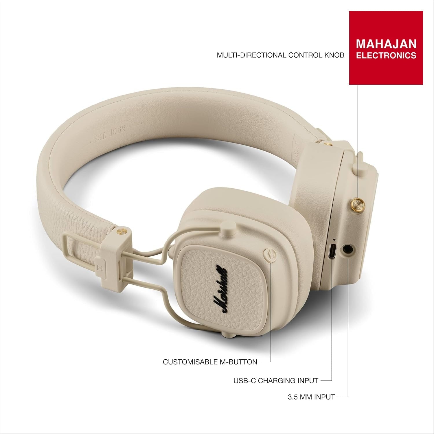 Marshall Major V Wireless On-Ear Headphones (Cream) | 100+ Hours Battery, Bluetooth, Fast Charging – Buy Online at Mahajan Electronics Marshall