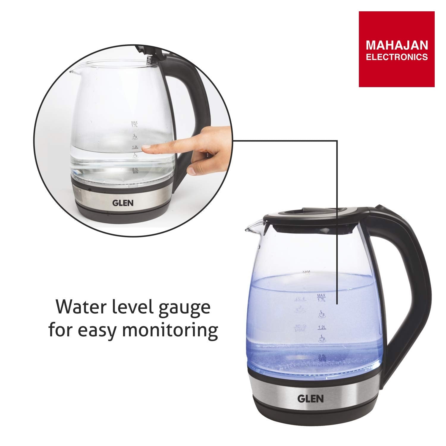 Glen Electric Glass Kettle 9012 | 1.8L Transparent Glass | 2000W Fast Boil | Blue LED Light | Mahajan Electronics Delhi NCR GLEN