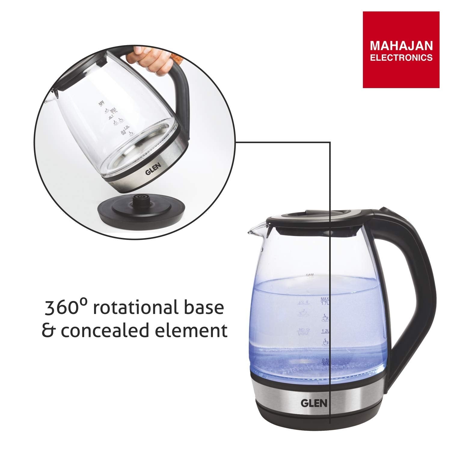 Glen Electric Glass Kettle 9012 | 1.8L Transparent Glass | 2000W Fast Boil | Blue LED Light | Mahajan Electronics Delhi NCR GLEN