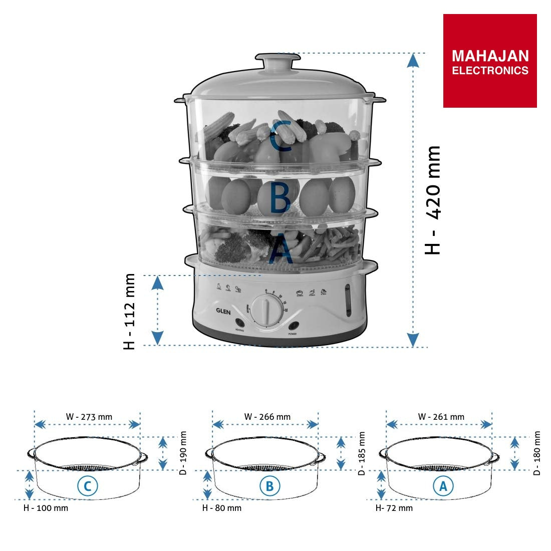 Glen Electric Steam Cooker SA 3052 | 900W Multi-Tier Food Steamer | Healthy Oil-Free Cooking | Mahajan Electronics Delhi NCR GLEN