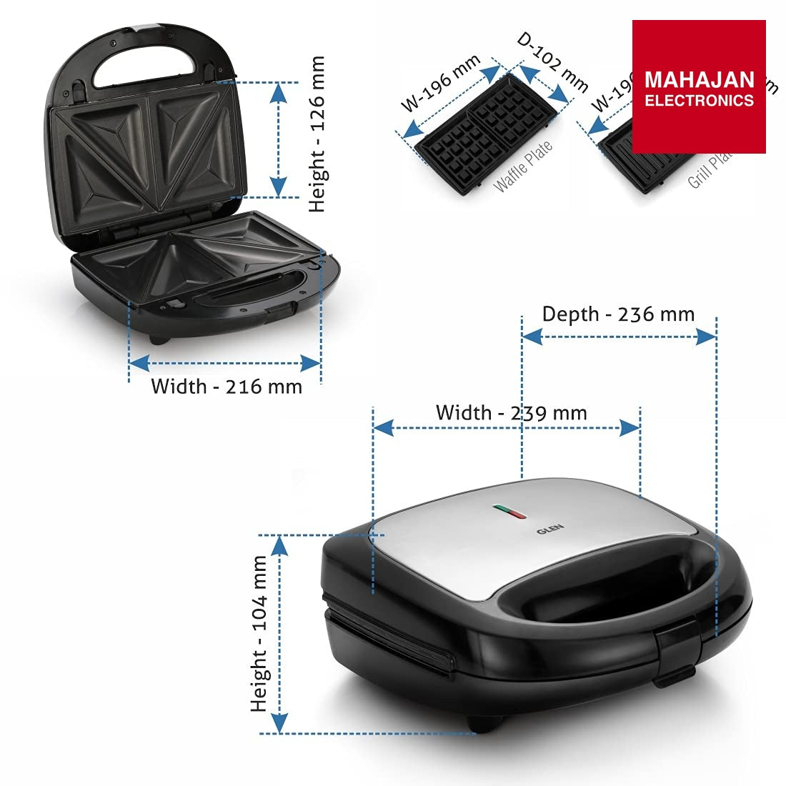 Glen Multi Snack Maker 3022 with Interchangeable Plates 750W ( SA-3022MSM ) GLEN – Mahajan Electronics Online.