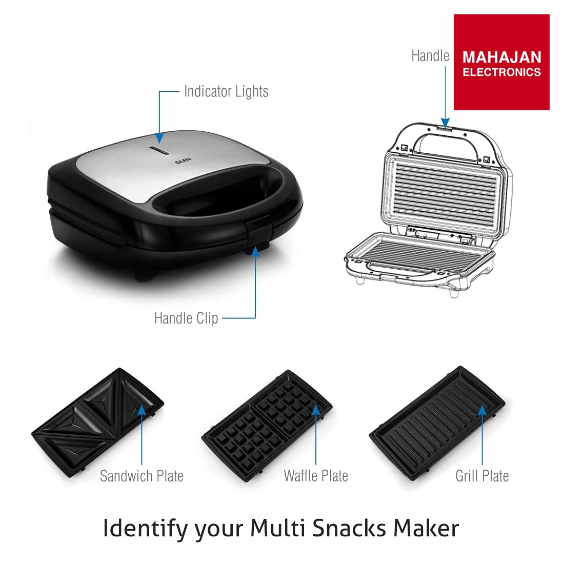 Glen Multi Snack Maker 3022 with Interchangeable Plates 750W ( SA-3022MSM ) GLEN – Mahajan Electronics Online.
