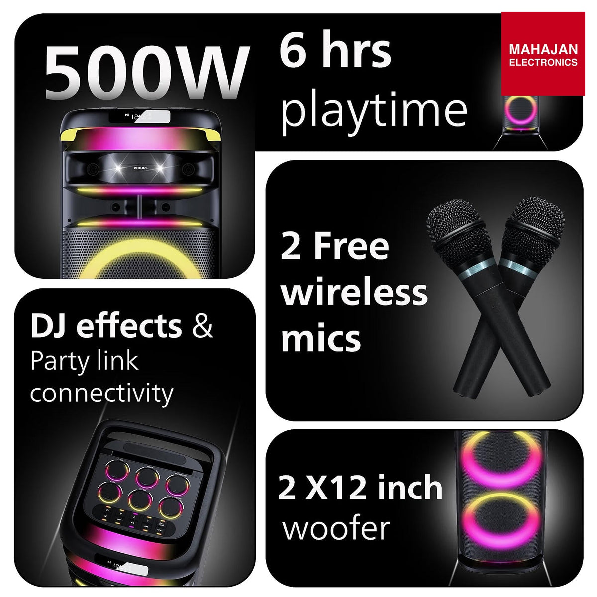 Philips TAX5004 500 W Bluetooth Party Speaker with 2 Wireless Mics, RGB Lights, LED Display, USB & AUX (Black) – Mahajan Electronics Online.