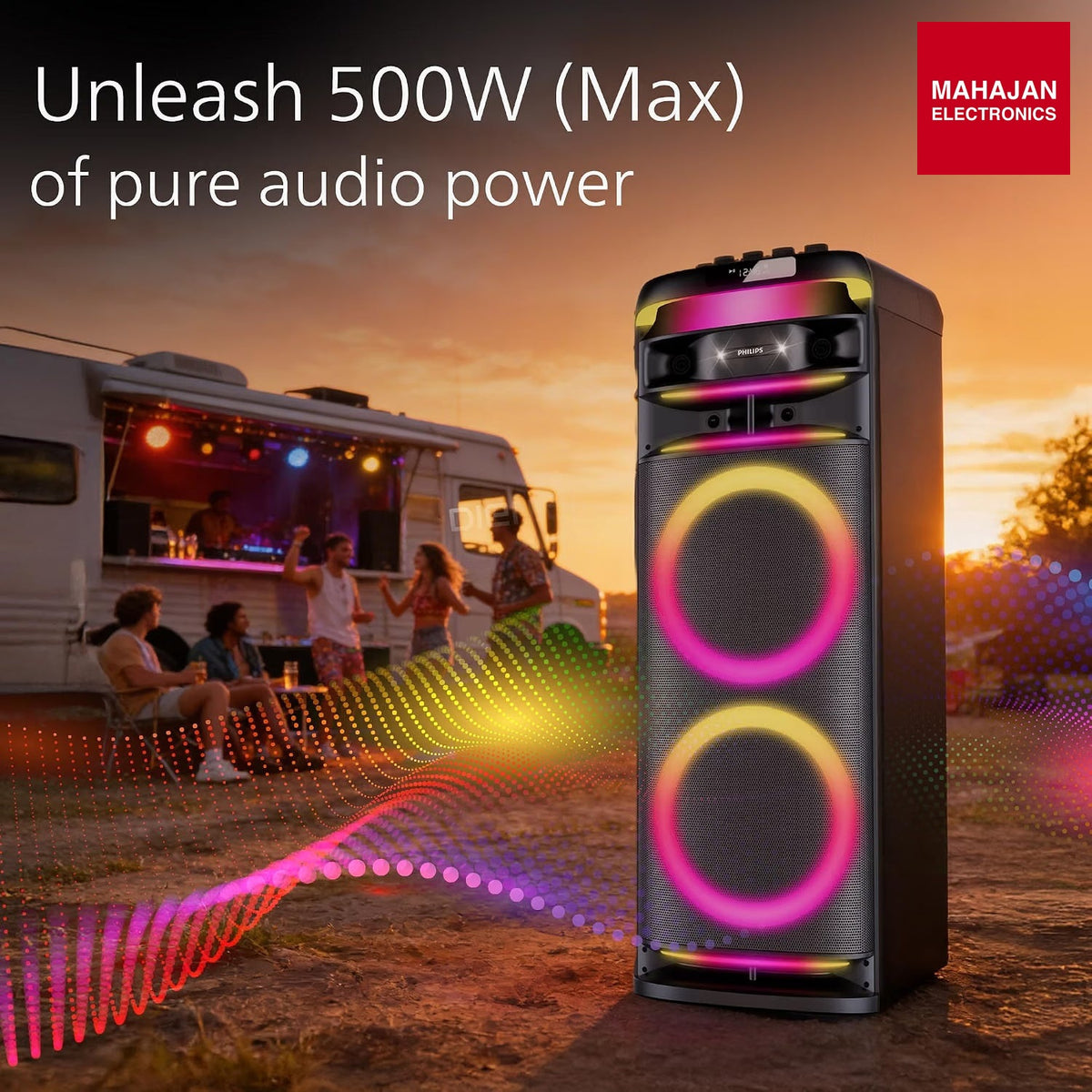 Philips TAX5004 500 W Bluetooth Party Speaker with 2 Wireless Mics, RGB Lights, LED Display, USB & AUX (Black) – Mahajan Electronics Online.