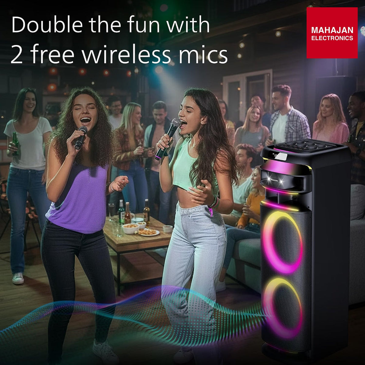 Philips TAX5004 500 W Bluetooth Party Speaker with 2 Wireless Mics, RGB Lights, LED Display, USB & AUX (Black) – Mahajan Electronics Online.