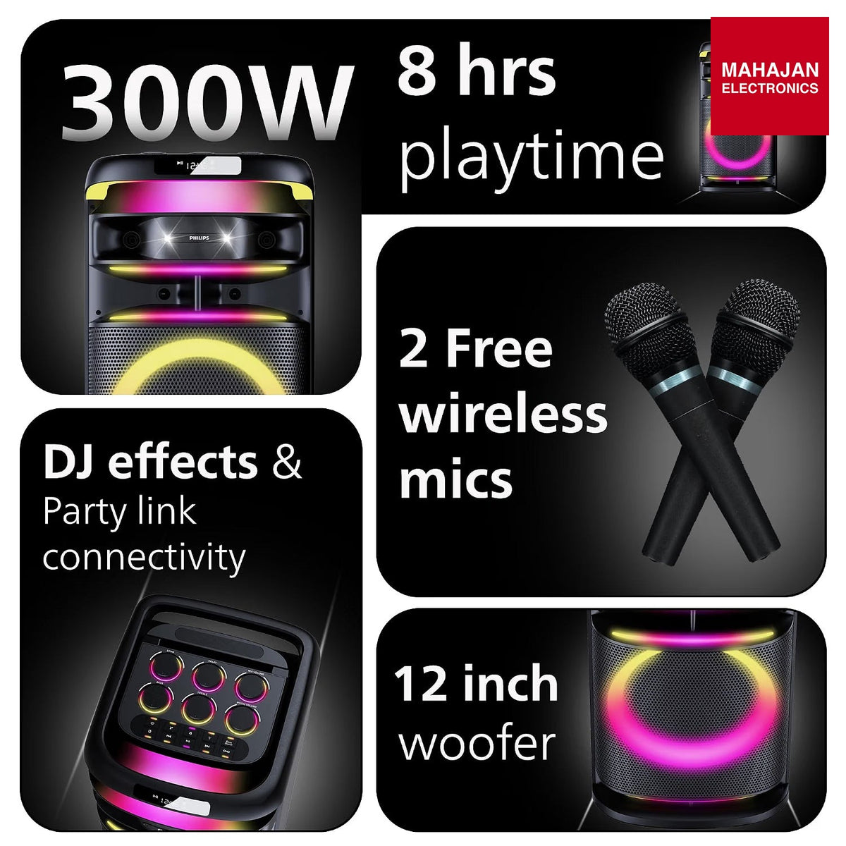 Philips TAX3004 300 W Bluetooth Party Speaker with 2 Wireless Mics, RGB Lights, LED Display, USB & AUX (Black) – Mahajan Electronics Online.