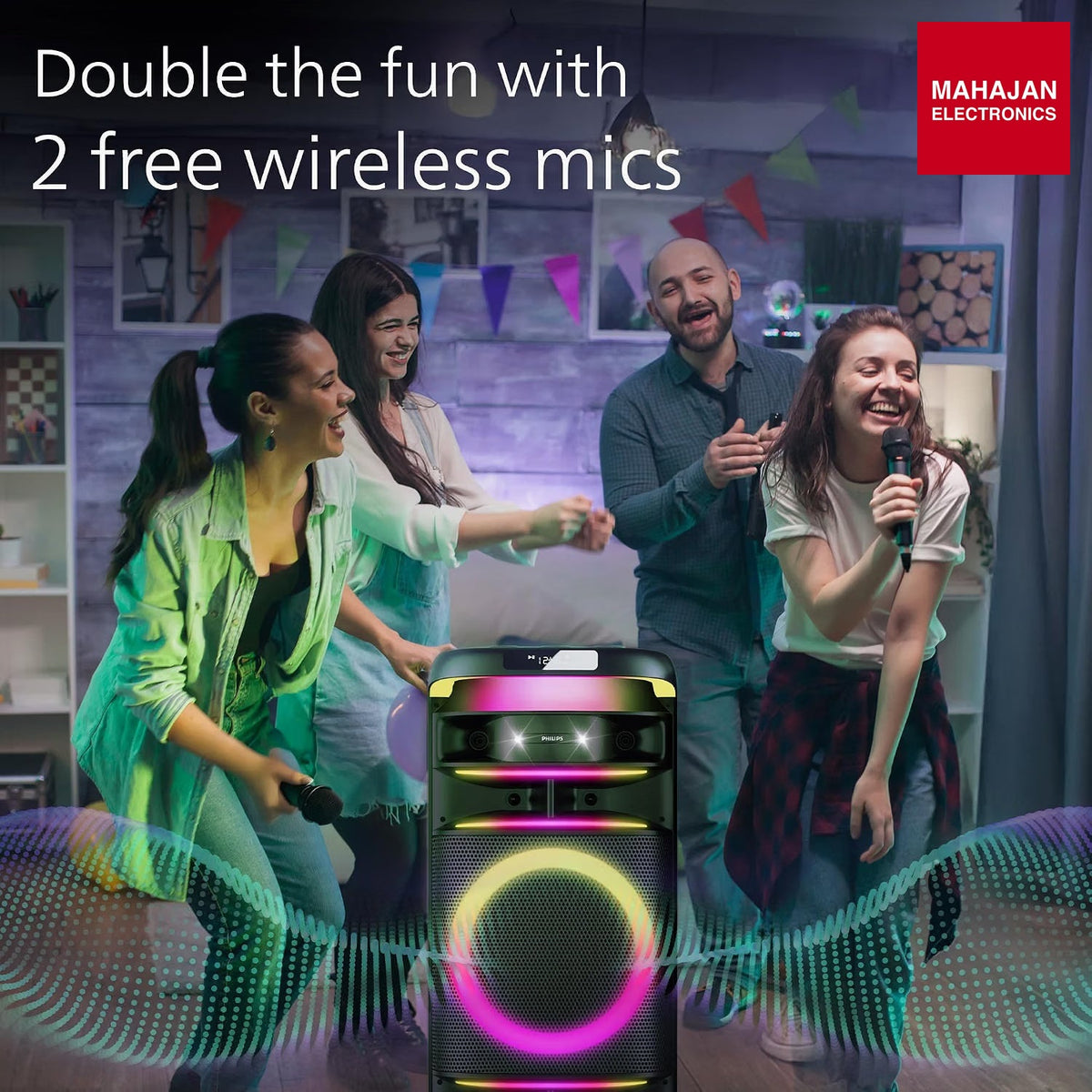 Philips TAX3004 300 W Bluetooth Party Speaker with 2 Wireless Mics, RGB Lights, LED Display, USB & AUX (Black) – Mahajan Electronics Online.