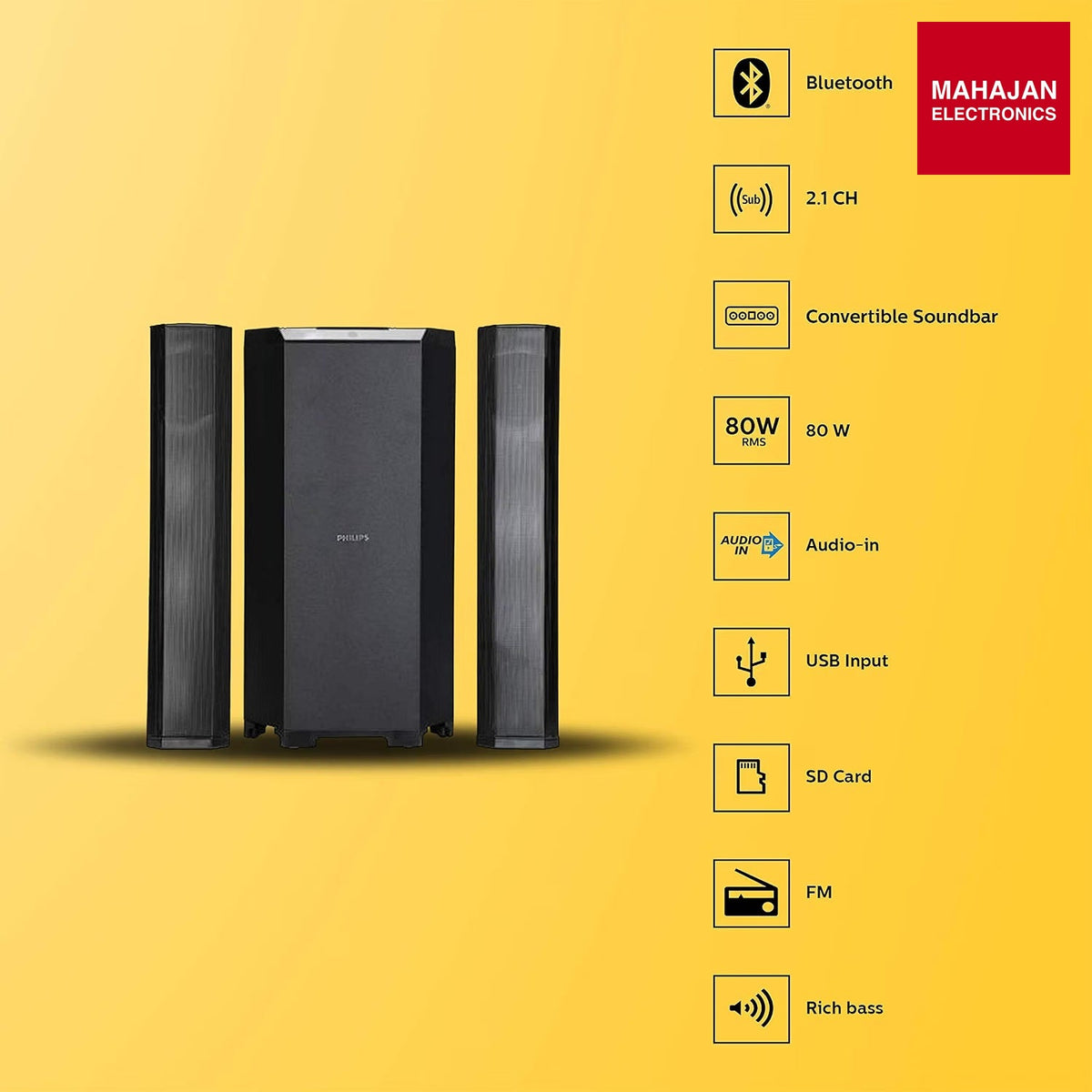 Philips MMS8085B 80 W 2.1 Channel Convertible Bluetooth Soundbar with Multipoint Connectivity & USB Input (Black) – Mahajan Electronics Online.