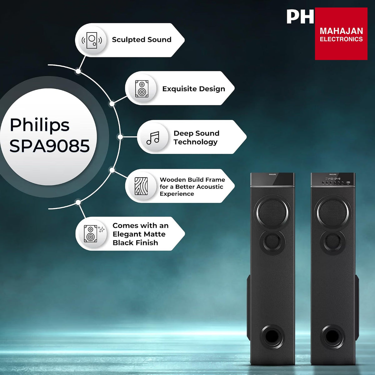 Philips SPA9085 2.0 Channel 100 W Multimedia Tower Speakers with Wireless Mic, Bluetooth, USB, AUX & FM Karaoke (Black) – Mahajan Electronics Online.